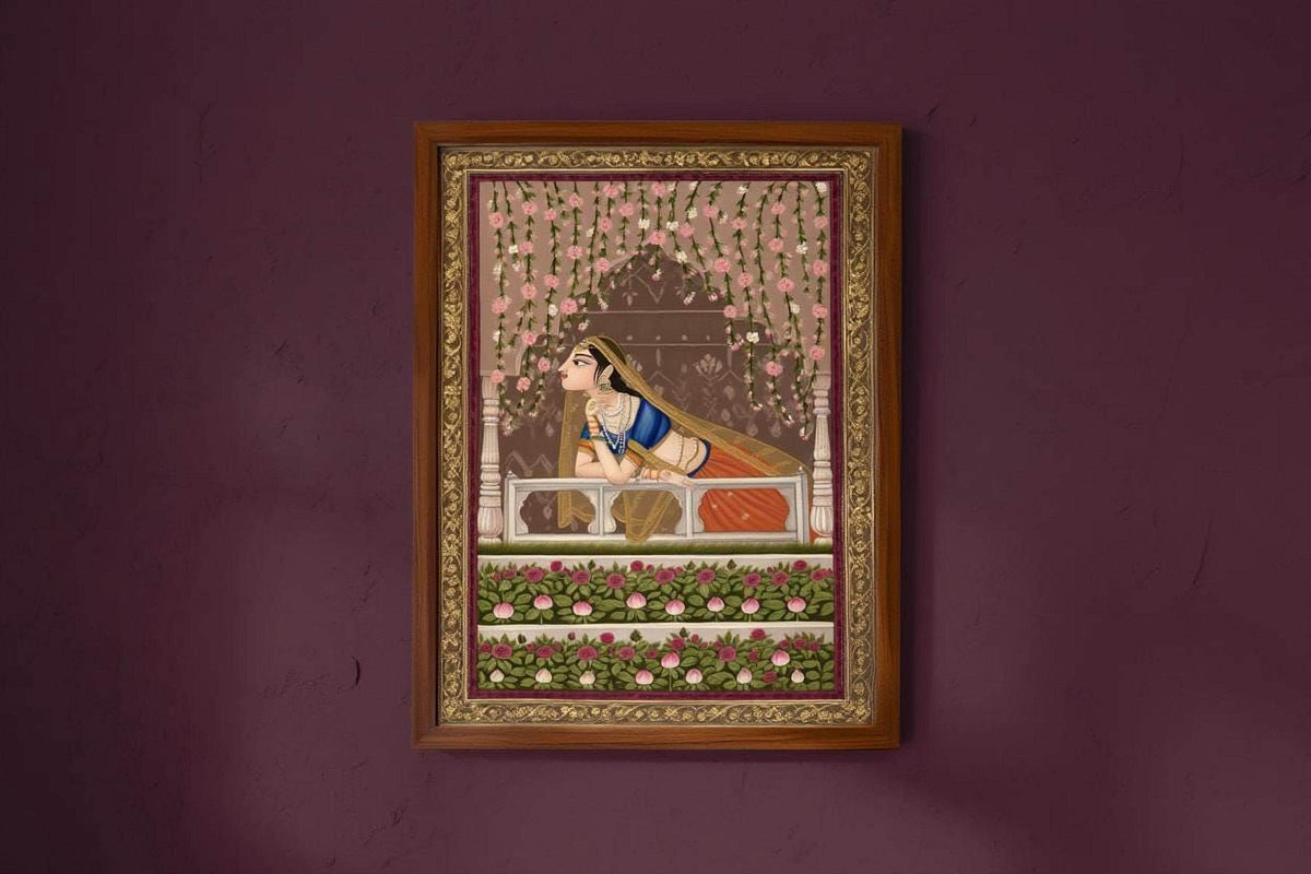 Mughal Queen Art Print, Indian Woman on Balcony Wall Decor, Pichwai Painting, Vintage Traditional Ethnic Print, Floral Folk Art