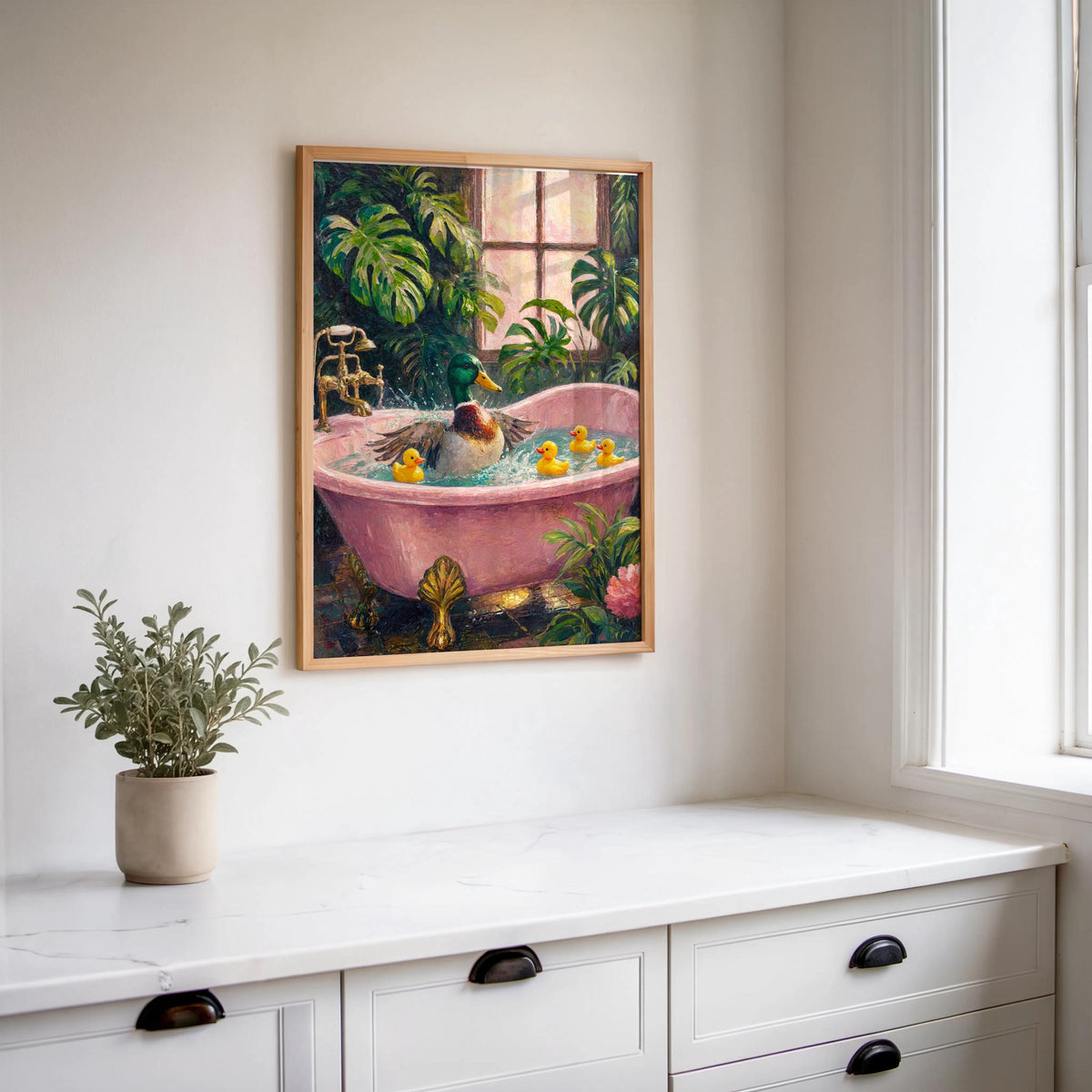 Rubber Duck Bath Tub Print, Whimsical Mallard & Rubber Duckies Painting, Playful Botanical Bathroom Decor, Funny Funky Animal Nursery Art