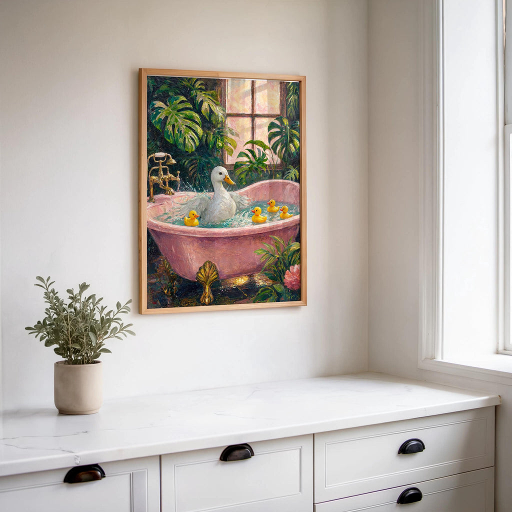 Rubber Duck Bath Tub Print, Whimsical Mallard & Rubber Duckies Painting, Playful Botanical Bathroom Decor, Funny Funky Animal Nursery Art