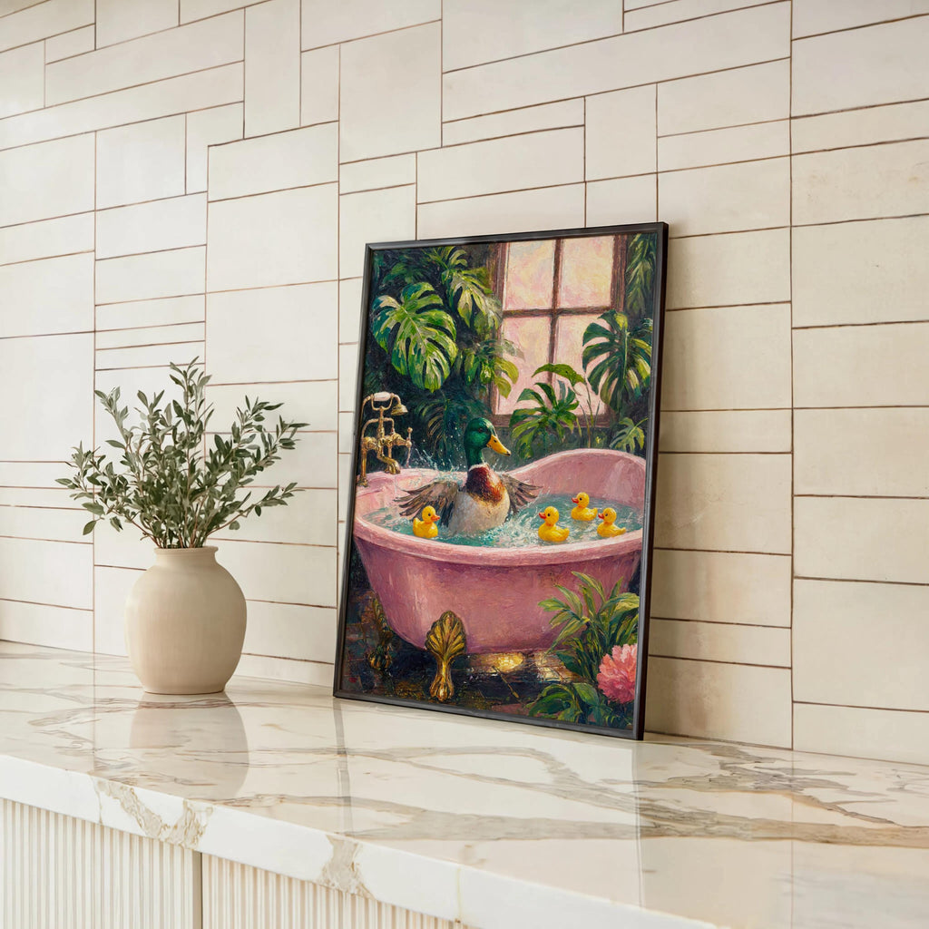 Rubber Duck Bath Tub Print, Whimsical Mallard & Rubber Duckies Painting, Playful Botanical Bathroom Decor, Funny Funky Animal Nursery Art