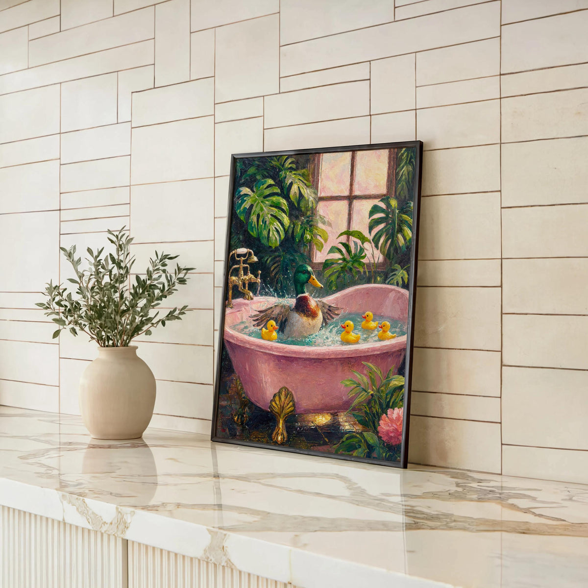 Rubber Duck Bath Tub Print, Whimsical Mallard & Rubber Duckies Painting, Playful Botanical Bathroom Decor, Funny Funky Animal Nursery Art