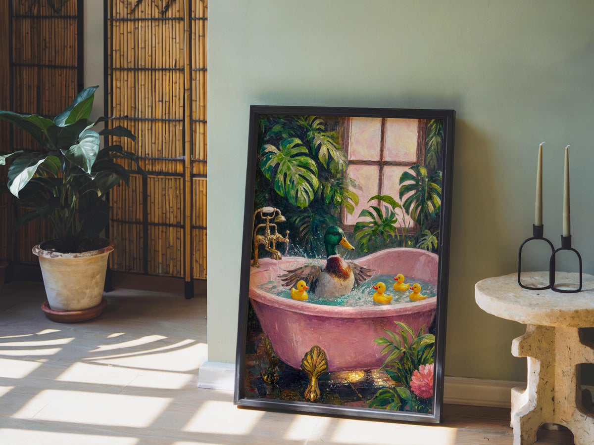 Rubber Duck Bath Tub Print, Whimsical Mallard & Rubber Duckies Painting, Playful Botanical Bathroom Decor, Funny Funky Animal Nursery Art