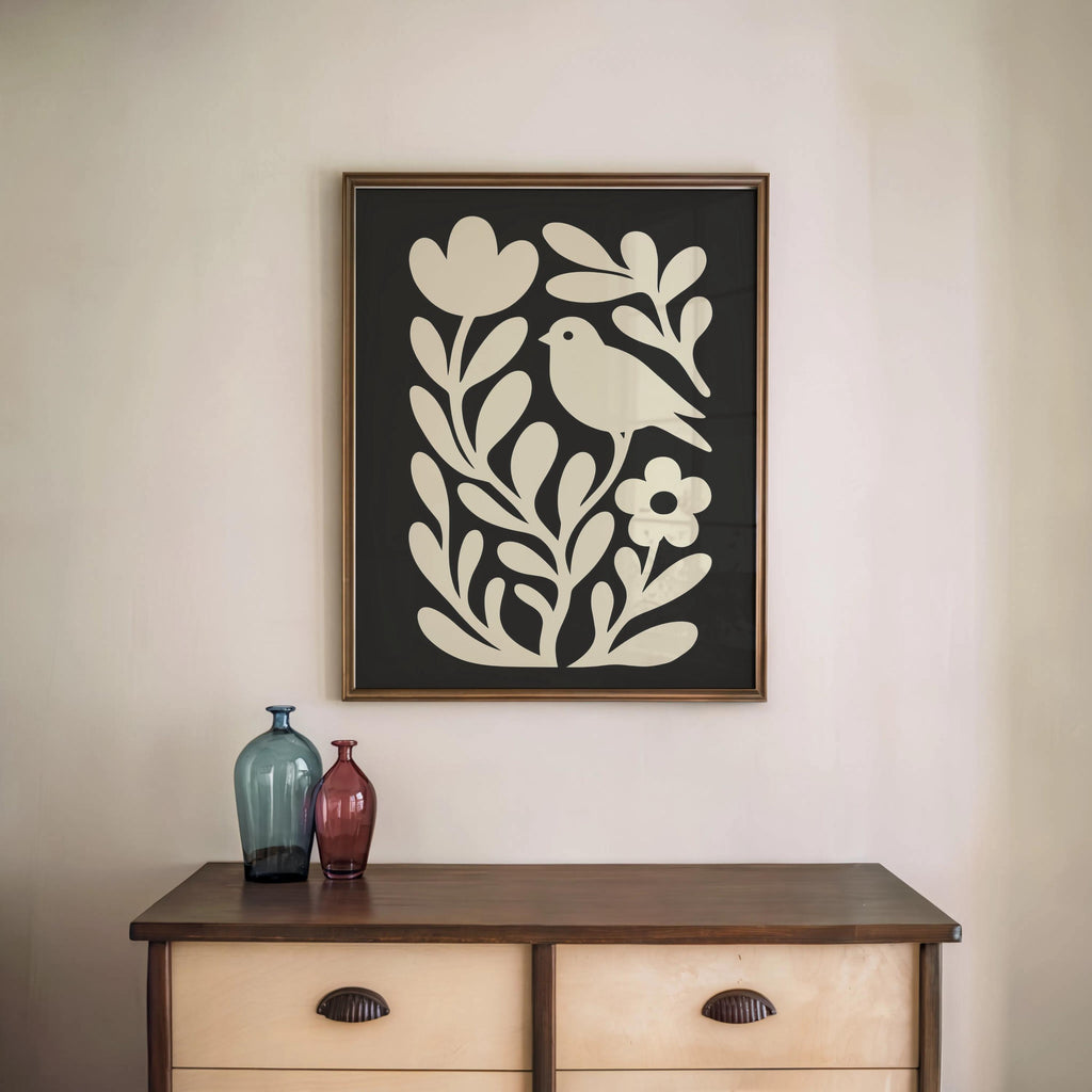 Moody Scandinavian Botanical Print, Beige Mid Century Wall Art, Floral & Birds Scandi Folk Art Decor, Organic Minimalist Illustration Motif