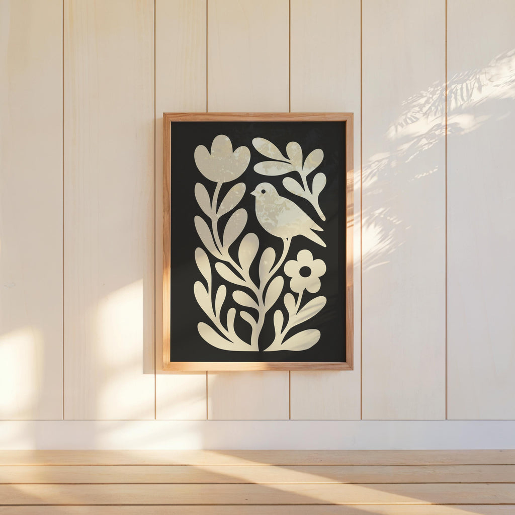 Moody Scandinavian Botanical Print, Beige Mid Century Wall Art, Floral & Birds Scandi Folk Art Decor, Organic Minimalist Illustration Motif