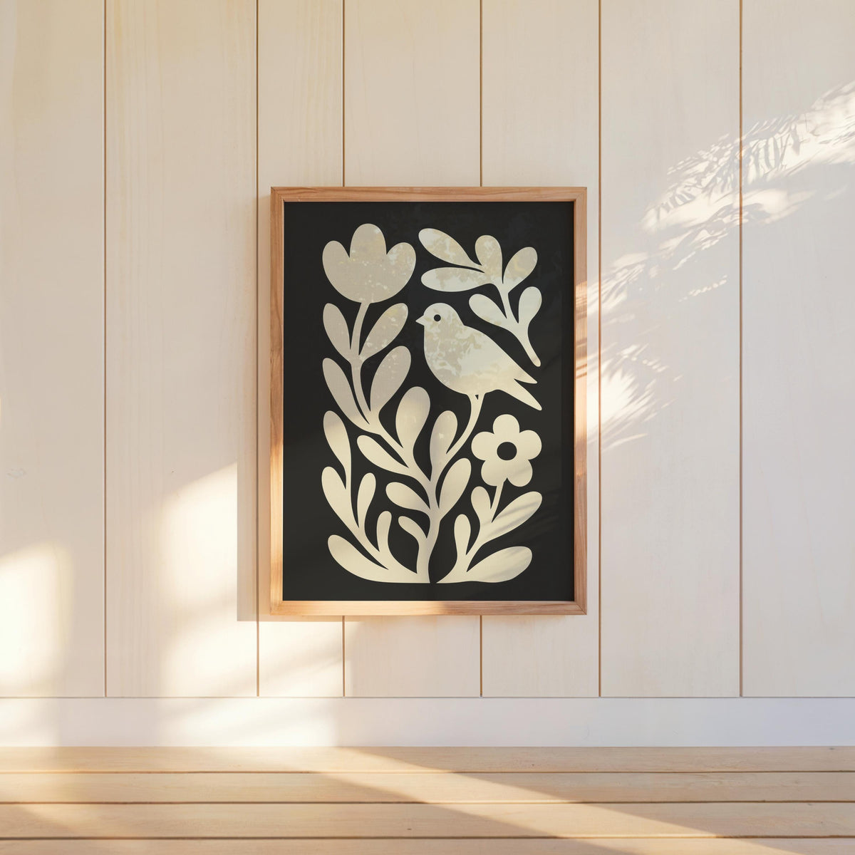 Moody Scandinavian Botanical Print, Beige Mid Century Wall Art, Floral & Birds Scandi Folk Art Decor, Organic Minimalist Illustration Motif