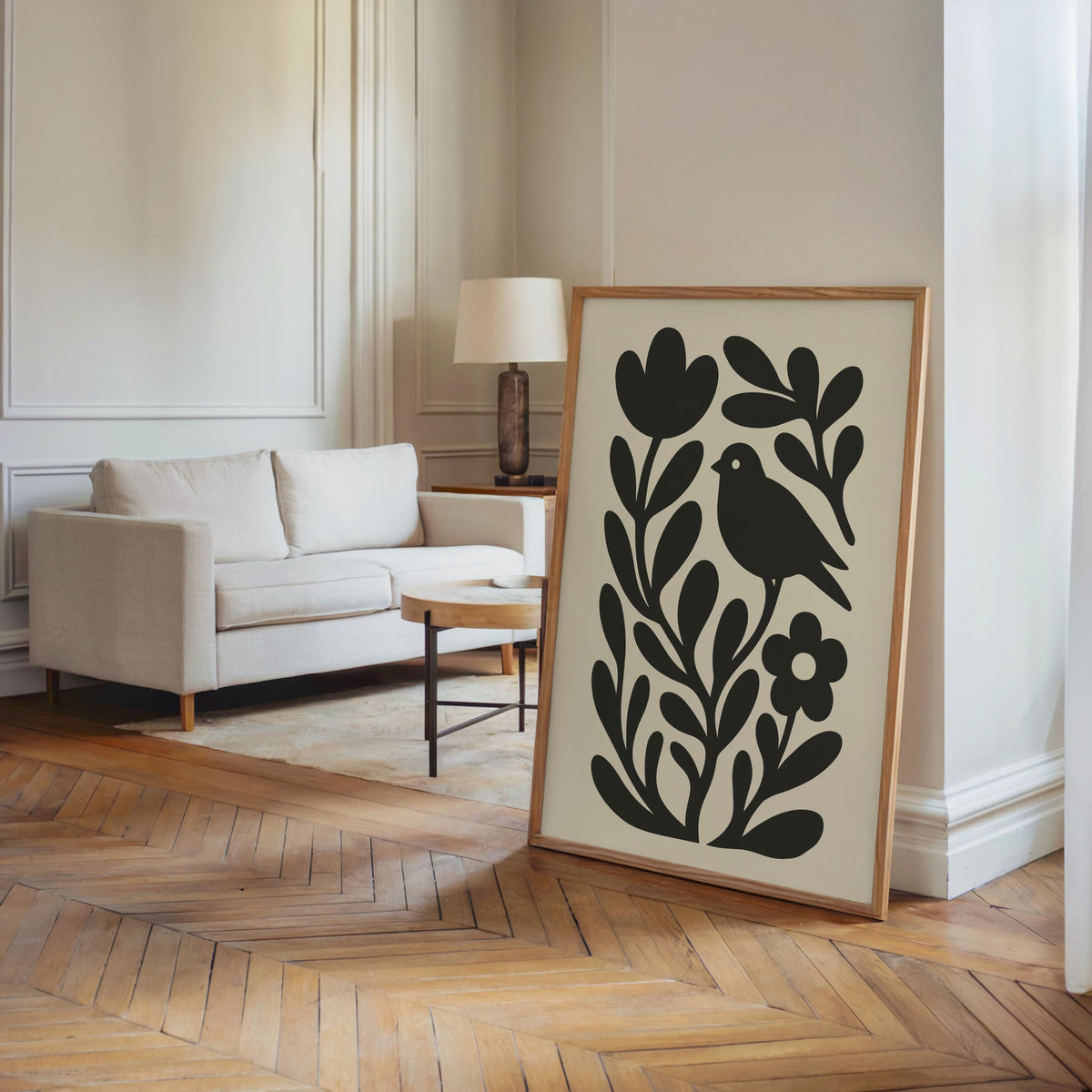 Moody Scandinavian Botanical Print, Beige Mid Century Wall Art, Floral & Birds Scandi Folk Art Decor, Organic Minimalist Illustration Motif