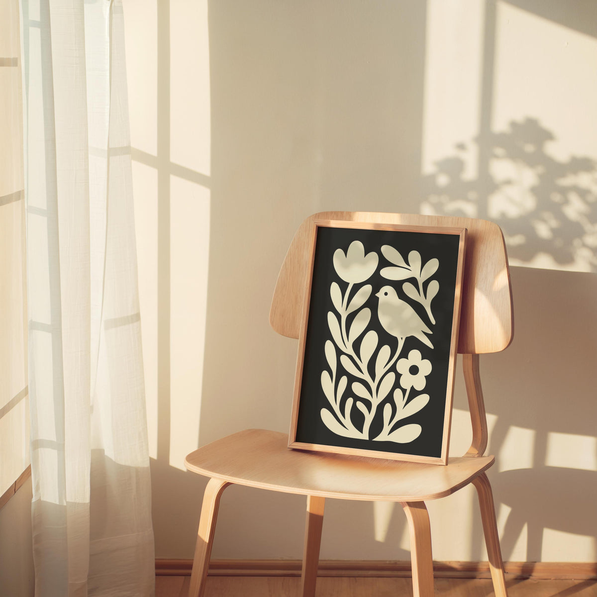 Moody Scandinavian Botanical Print, Beige Mid Century Wall Art, Floral & Birds Scandi Folk Art Decor, Organic Minimalist Illustration Motif