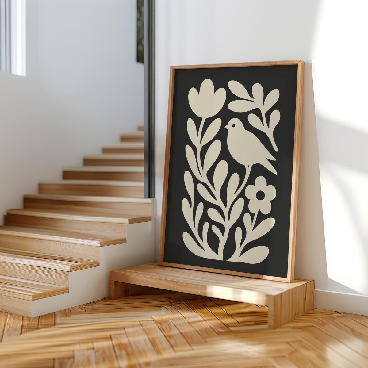 Moody Scandinavian Botanical Print, Beige Mid Century Wall Art, Floral & Birds Scandi Folk Art Decor, Organic Minimalist Illustration Motif
