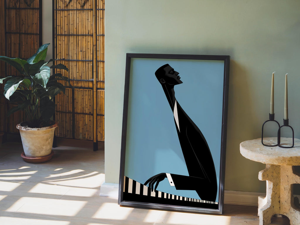 Jazz Piano Art Print, Minimalist Black Man Musician Illustration, Modern Music Wall Decor, Abstract Pianist Poster, Mid Century Afrocentric