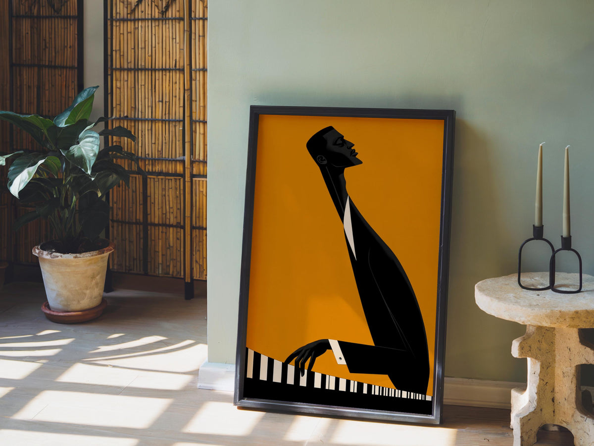 Jazz Piano Art Print, Minimalist Black Man Musician Illustration, Modern Music Wall Decor, Abstract Pianist Poster, Mid Century Afrocentric