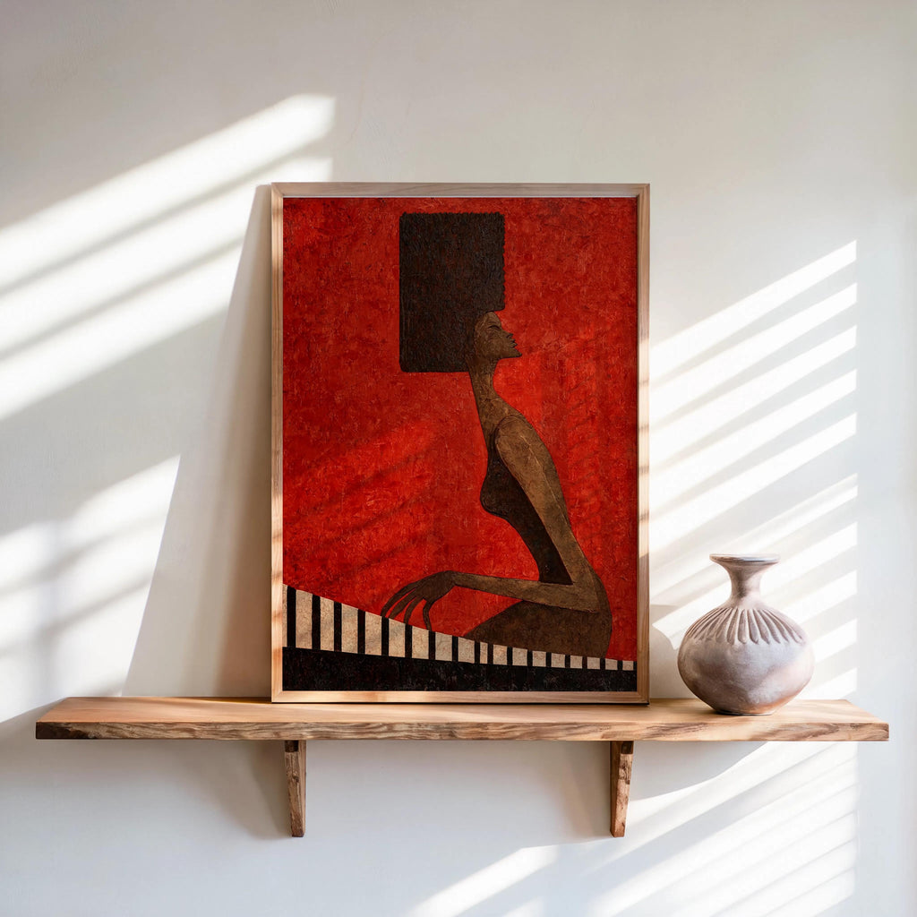 Abstract Jazz Piano Art Print, Black Afro Woman Illustration, Modern Music Wall Decor, Minimalist Pianist Poster, Mid Century Afrocentric