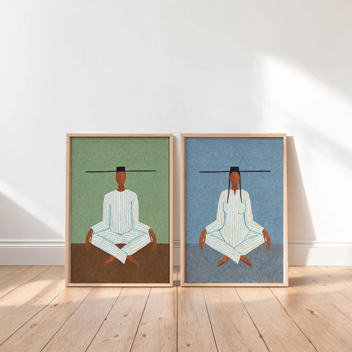 Two unframed prints side by side, one green one blue, set of two art prints, seated meditation art for neutral decor