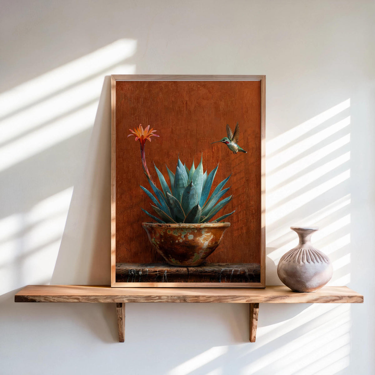 Agave Hummingbird Wall Art, Mexico Botanical Bird Print, Southwestern Desert Succulent Decor, Rustic Boho Nature Painting, Latina Folk Gift