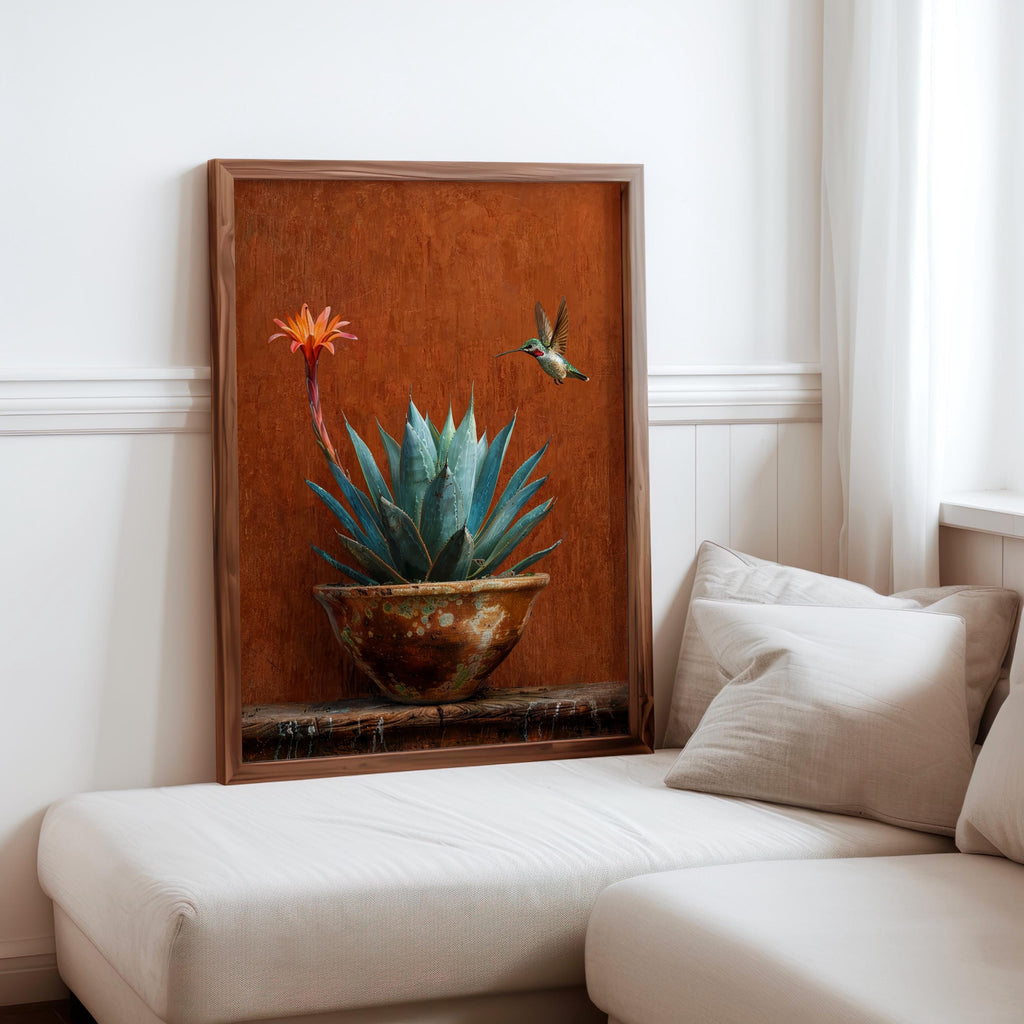 Agave Hummingbird Wall Art, Mexico Botanical Bird Print, Southwestern Desert Succulent Decor, Rustic Boho Nature Painting, Latina Folk Gift