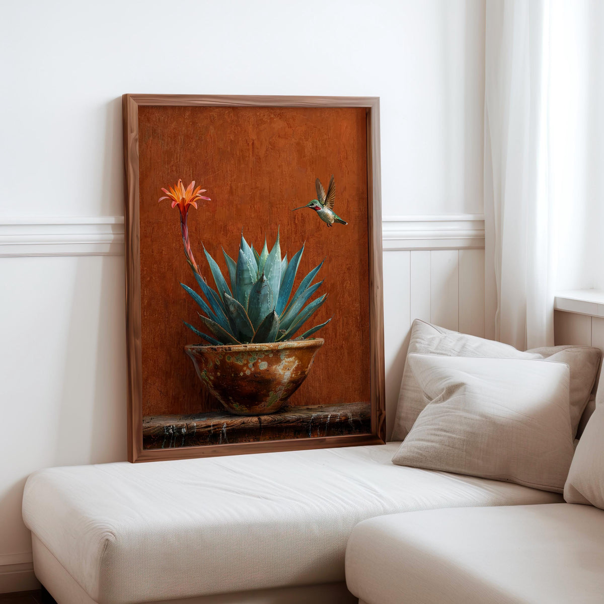 Agave Hummingbird Wall Art, Mexico Botanical Bird Print, Southwestern Desert Succulent Decor, Rustic Boho Nature Painting, Latina Folk Gift