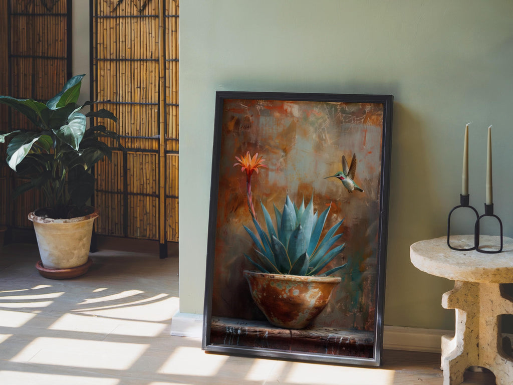 Agave Hummingbird Wall Art, Mexico Botanical Bird Print, Southwestern Desert Succulent Decor, Rustic Boho Nature Painting, Latina Folk Gift