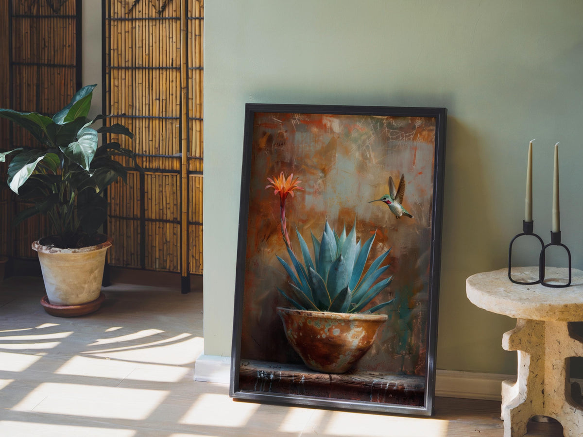 Agave Hummingbird Wall Art, Mexico Botanical Bird Print, Southwestern Desert Succulent Decor, Rustic Boho Nature Painting, Latina Folk Gift