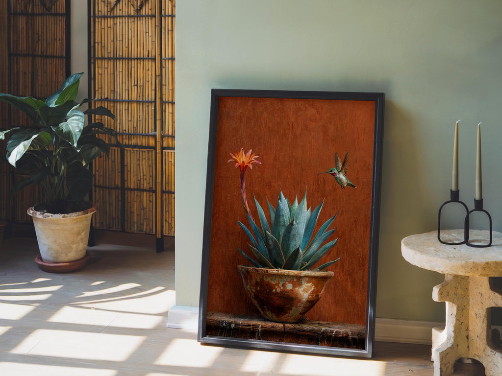Agave Hummingbird Wall Art, Mexico Botanical Bird Print, Southwestern Desert Succulent Decor, Rustic Boho Nature Painting, Latina Folk Gift