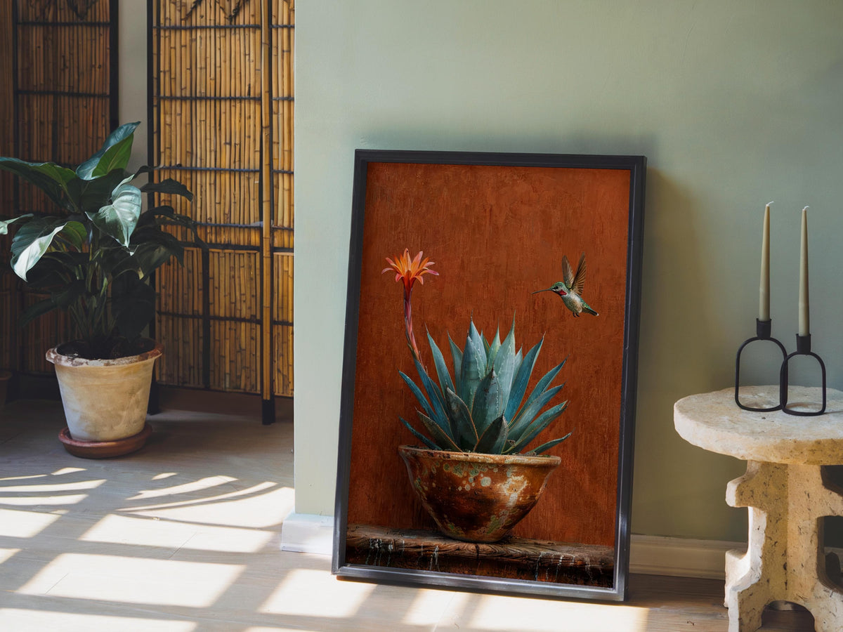 Agave Hummingbird Wall Art, Mexico Botanical Bird Print, Southwestern Desert Succulent Decor, Rustic Boho Nature Painting, Latina Folk Gift