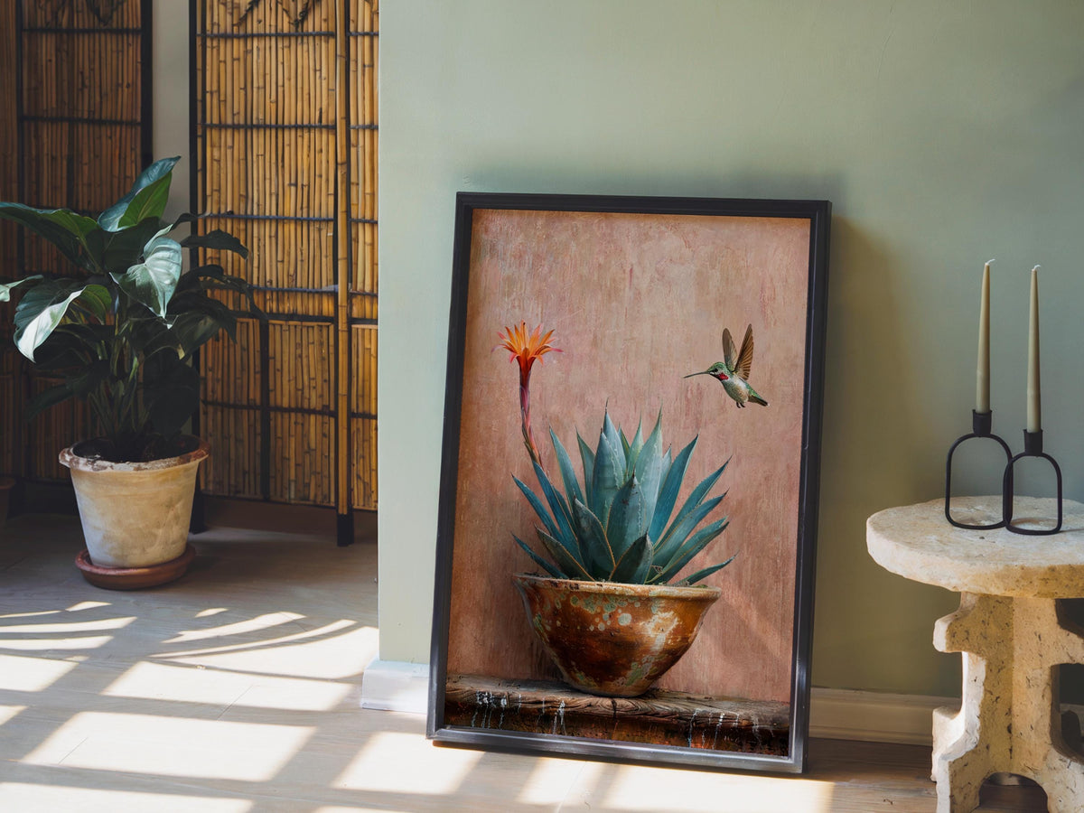 Agave Hummingbird Wall Art, Mexico Botanical Bird Print, Southwestern Desert Succulent Decor, Rustic Boho Nature Painting, Latina Folk Gift