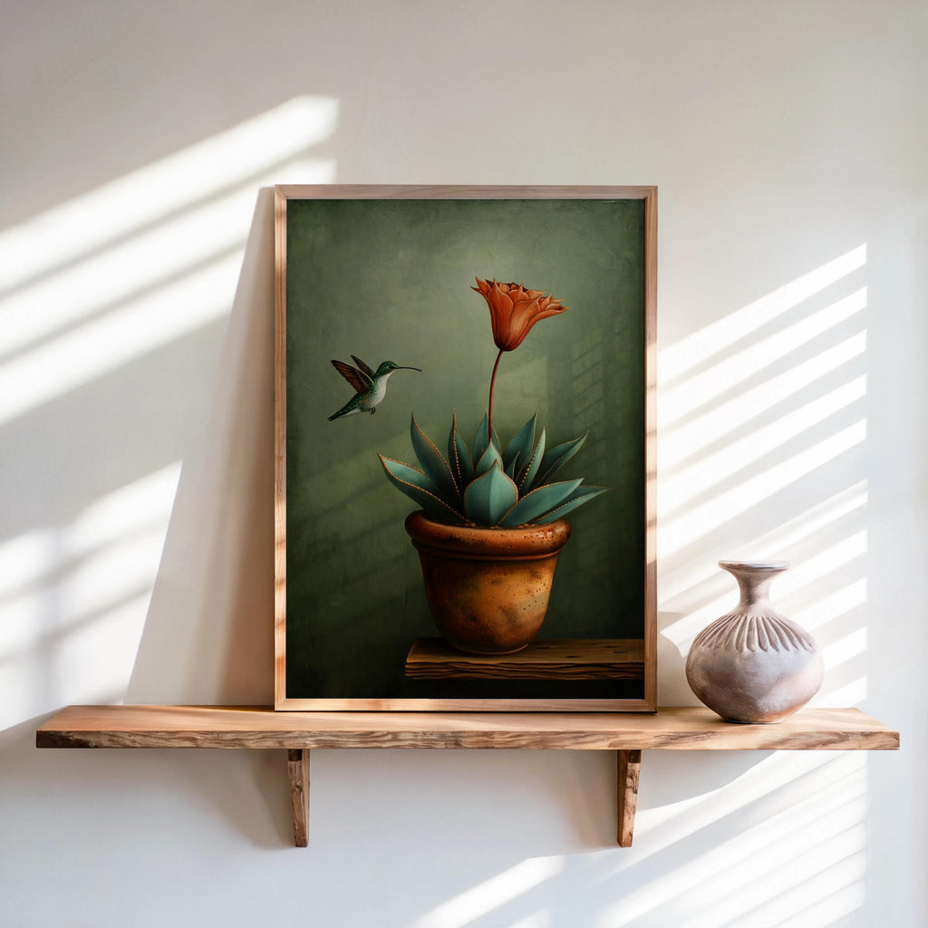Hummingbird Mexican Wall Art, Vintage Agave Botanical Flower Print, Cottage Garden Poster, Plant Lover Kitchen Decor, Bird Lover Gift