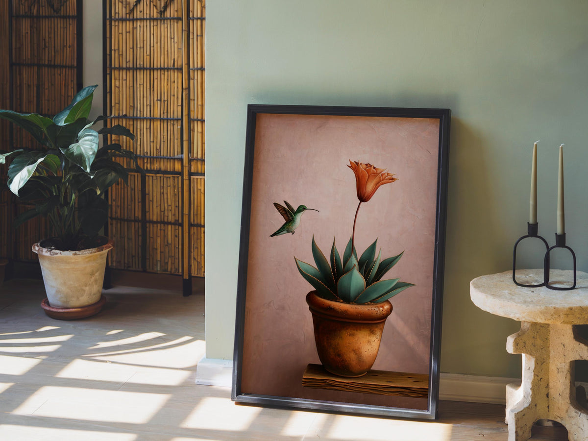 Hummingbird Mexican Wall Art, Vintage Agave Botanical Flower Print, Cottage Garden Poster, Plant Lover Kitchen Decor, Bird Lover Gift