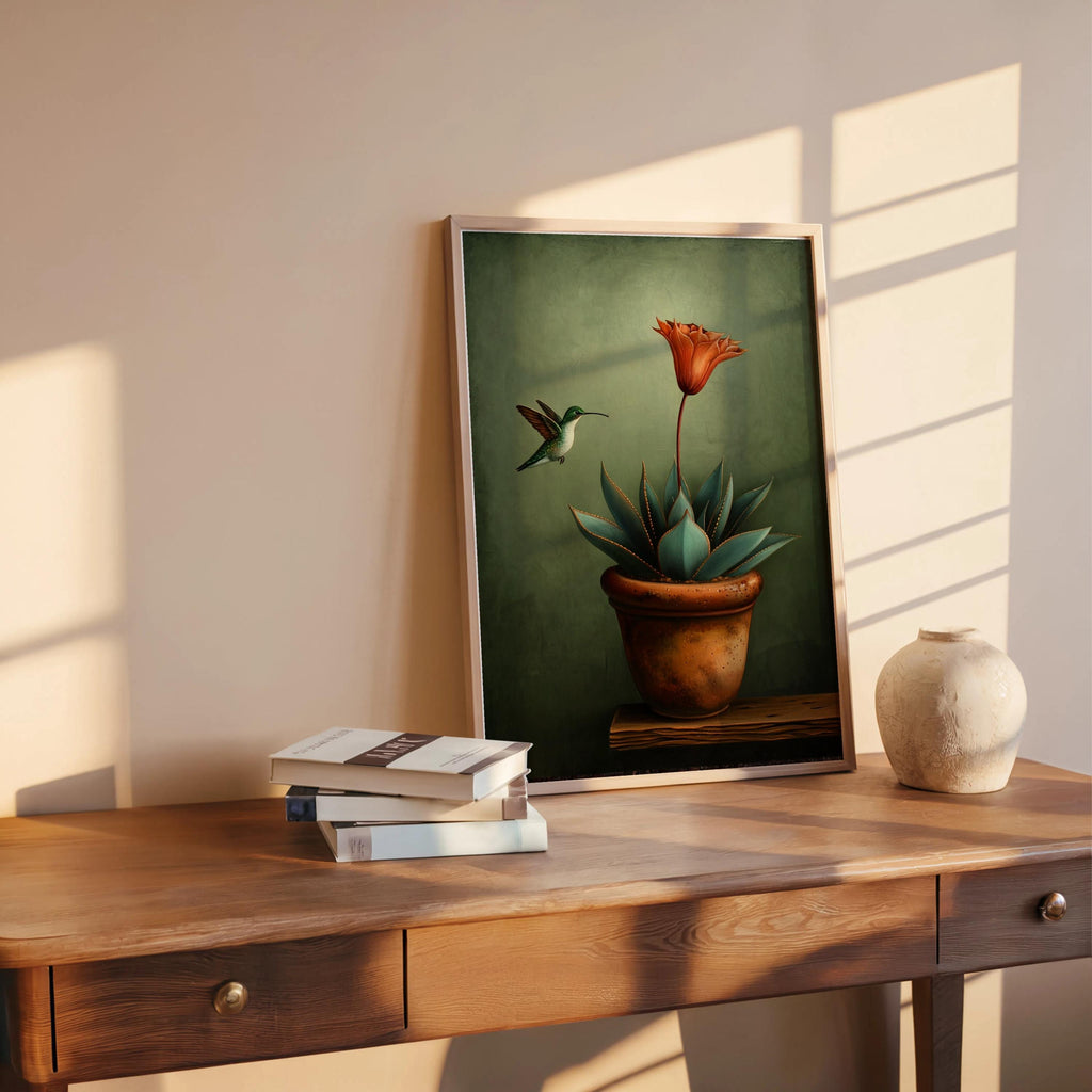 Hummingbird Mexican Wall Art, Vintage Agave Botanical Flower Print, Cottage Garden Poster, Plant Lover Kitchen Decor, Bird Lover Gift