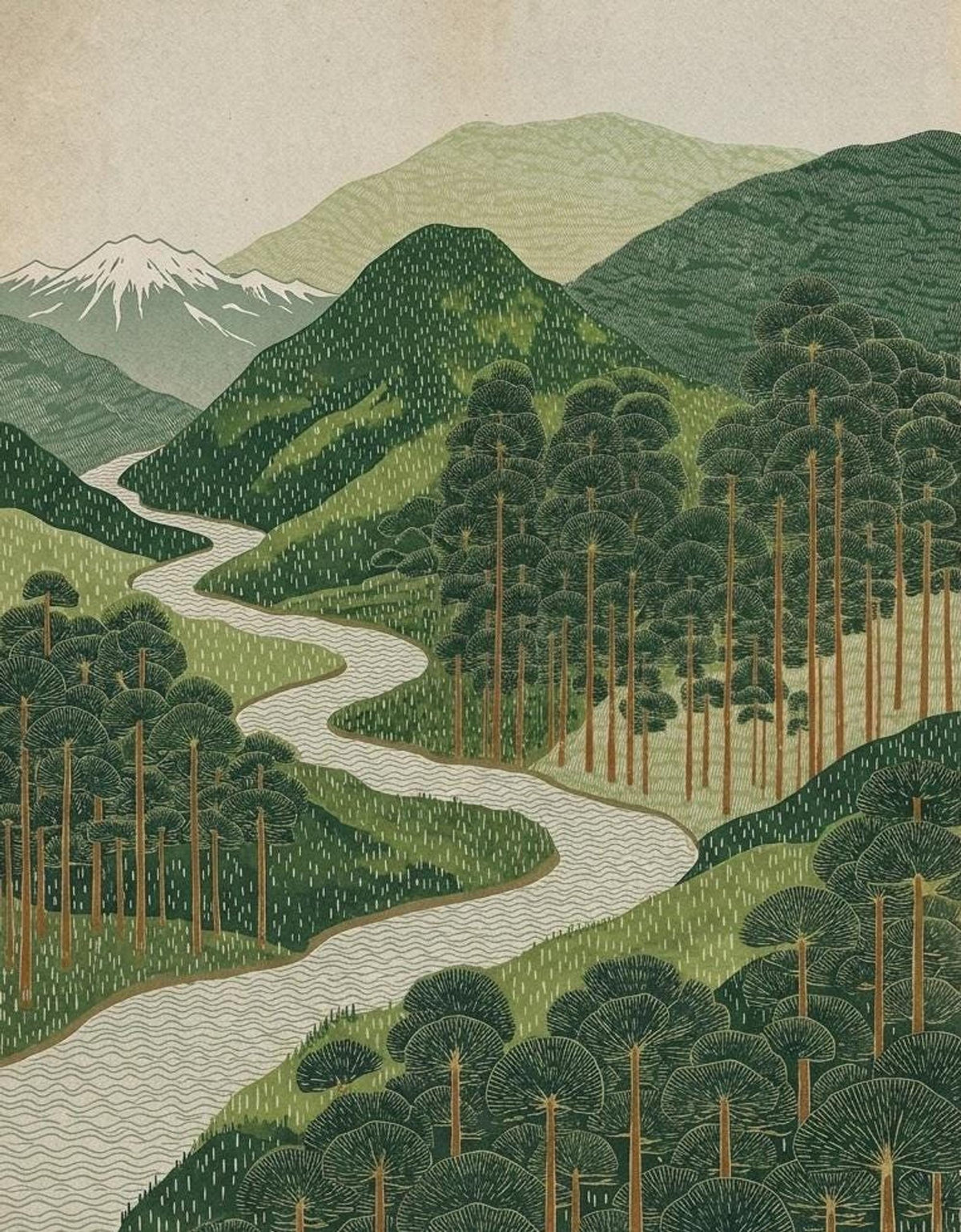 Close crop of Japanese forest landscape print, layered pine trees and textured green hills