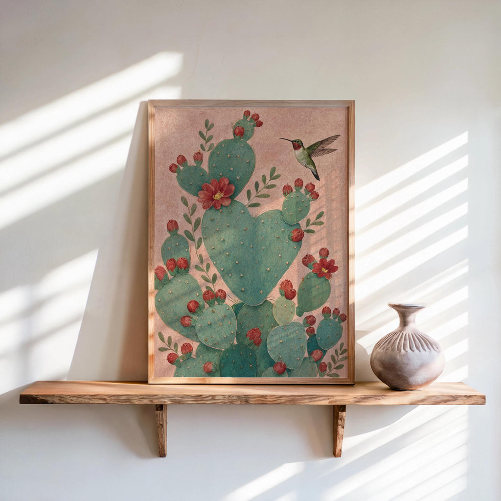 Heart shaped cactus print in frame, soft pink wall tint, hummingbird cactus print accents and red blooms