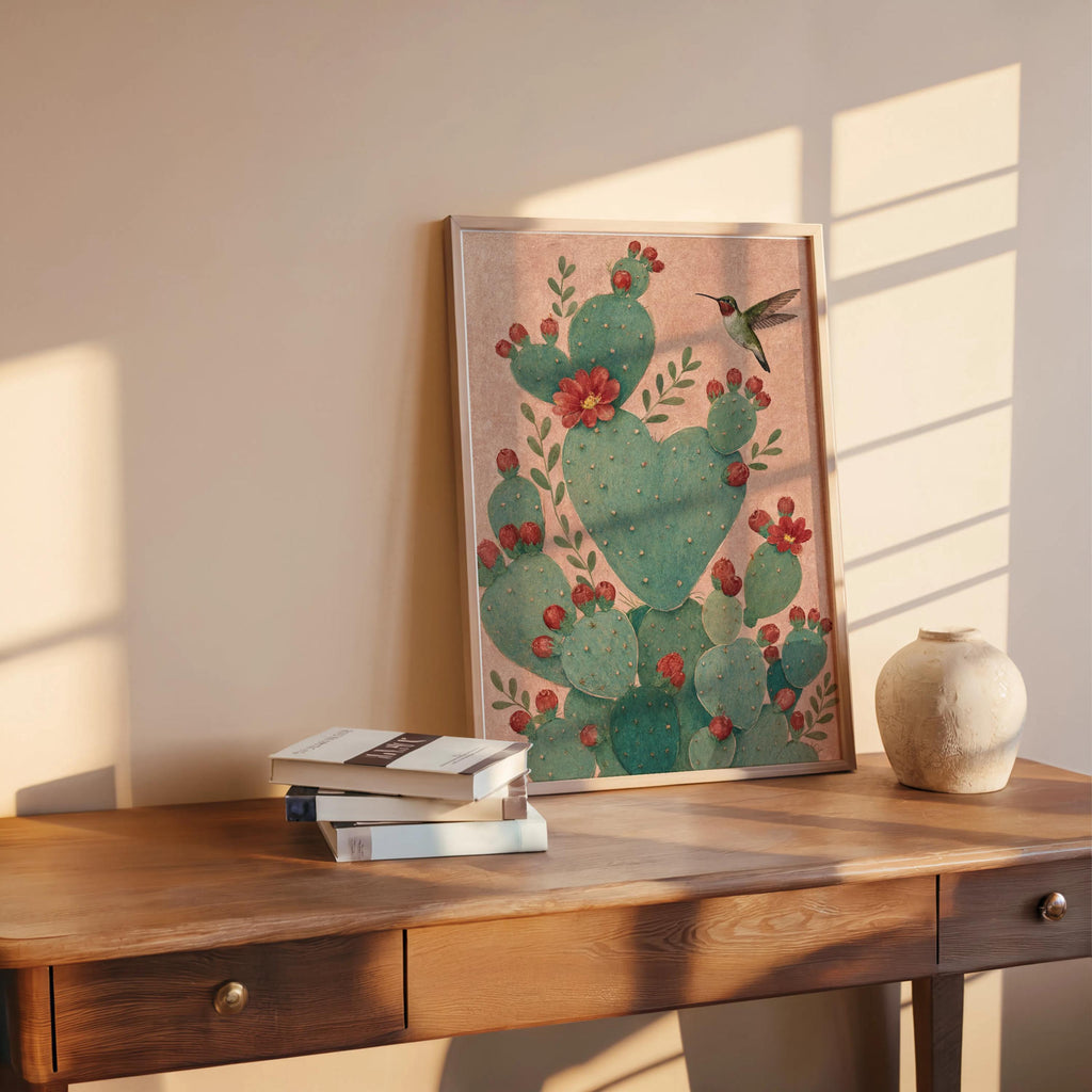 Heart shaped cactus print on wood table, soft sunset glow, hummingbird cactus print detail and red blooms
