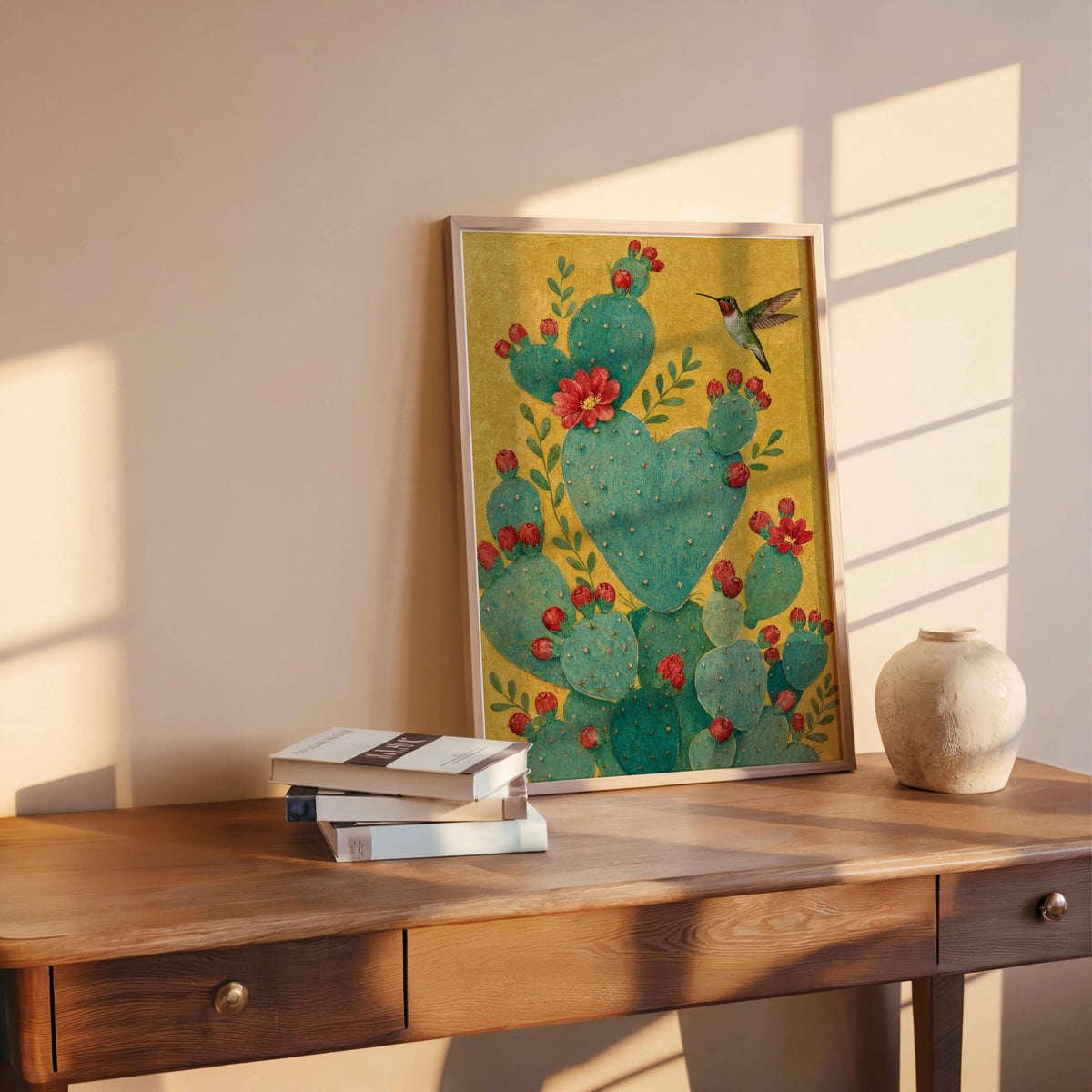 Warm yellow display of heart shaped cactus print on tabletop, bold folk-art colors, hummingbird in flight