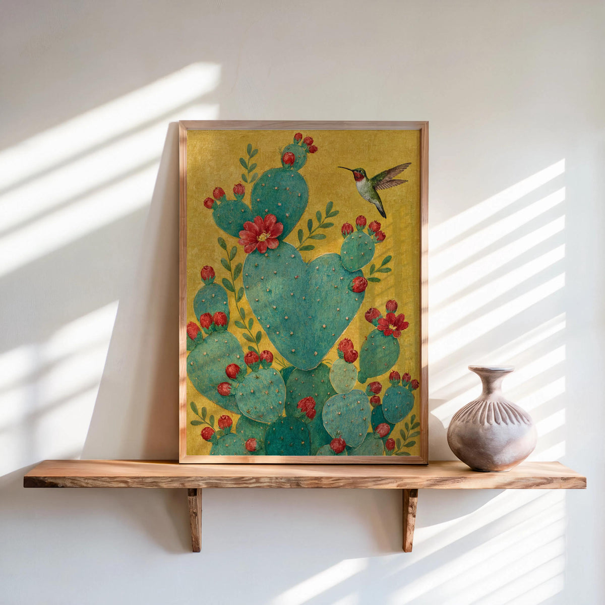 Framed heart shaped cactus print on wooden shelf, warm sunlight, ceramic vase, Mexican folk art