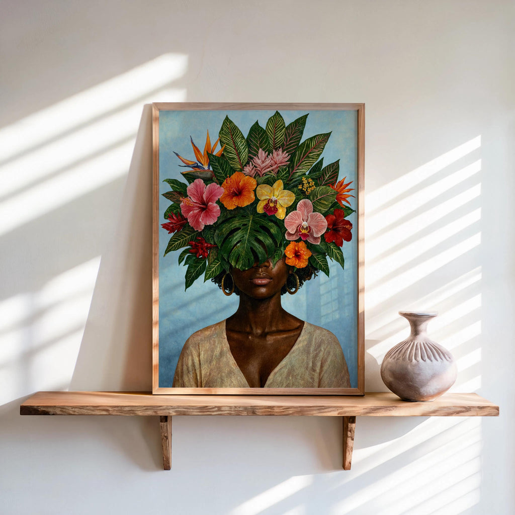 Black Woman Floral Wall Art Set, Tropical Flower Fashion Portrait, Botanical Black Girl Statement Print, African American Plant Lover Female