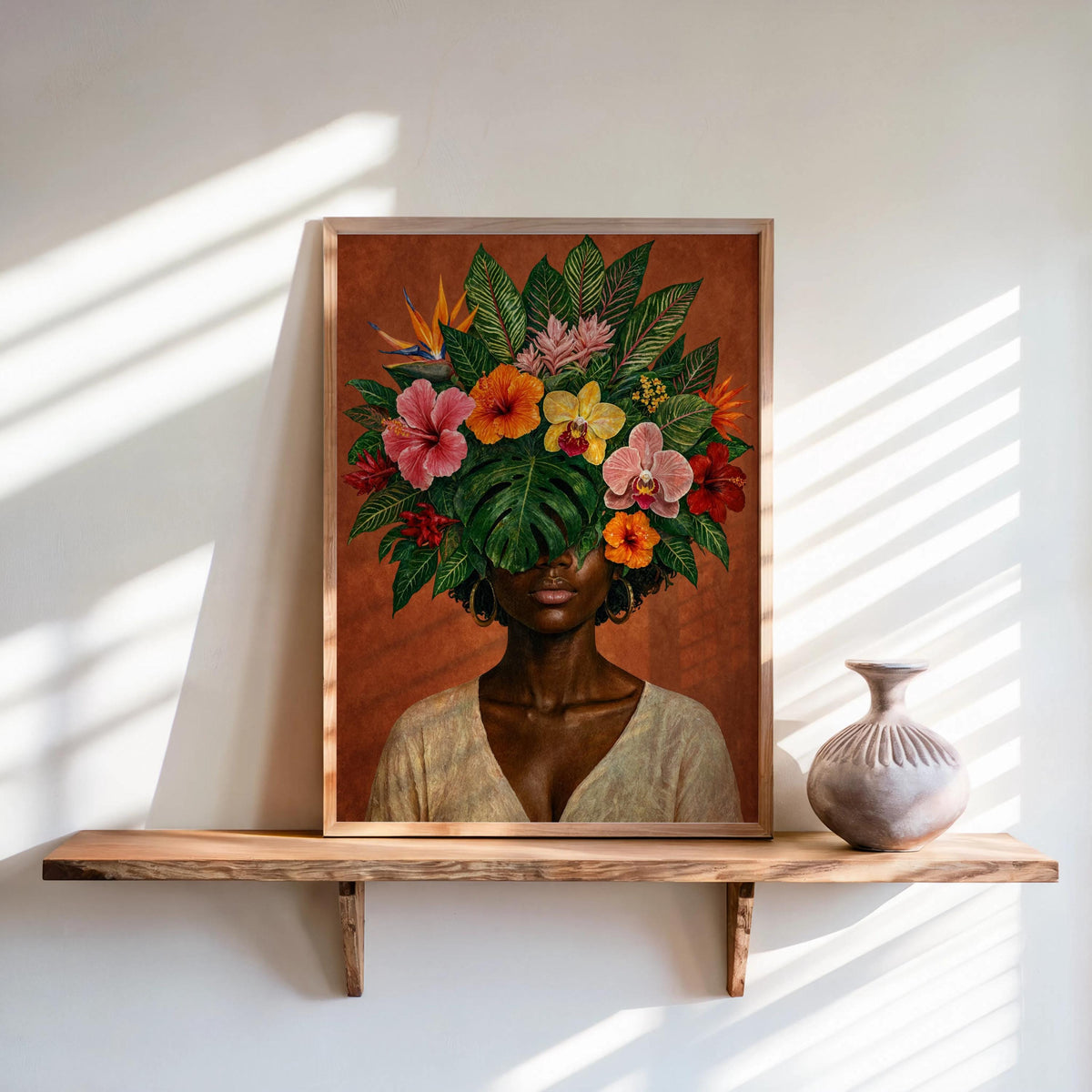 Black Woman Floral Wall Art Set, Tropical Flower Fashion Portrait, Botanical Black Girl Statement Print, African American Plant Lover Female