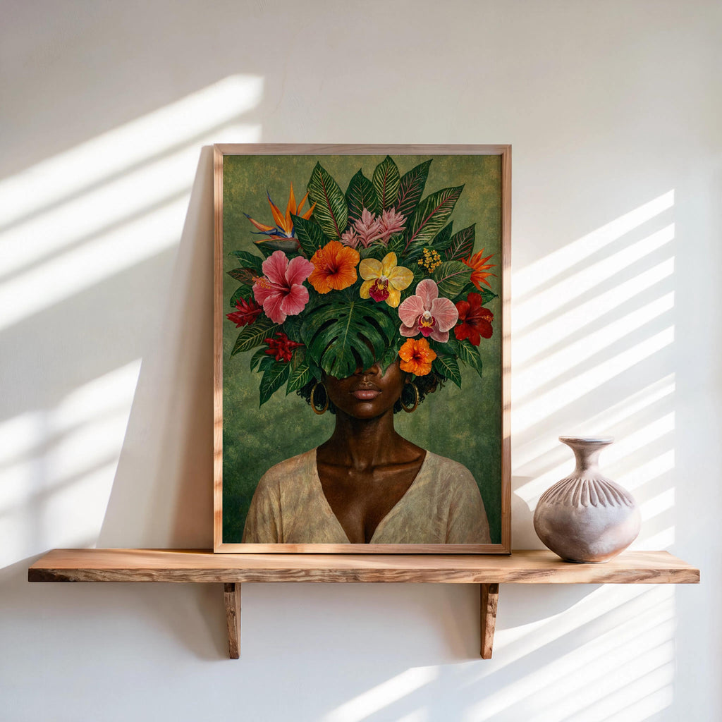 Black Woman Floral Wall Art Set, Tropical Flower Fashion Portrait, Botanical Black Girl Statement Print, African American Plant Lover Female