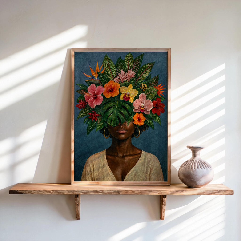 Black Woman Floral Wall Art Set, Tropical Flower Fashion Portrait, Botanical Black Girl Statement Print, African American Plant Lover Female