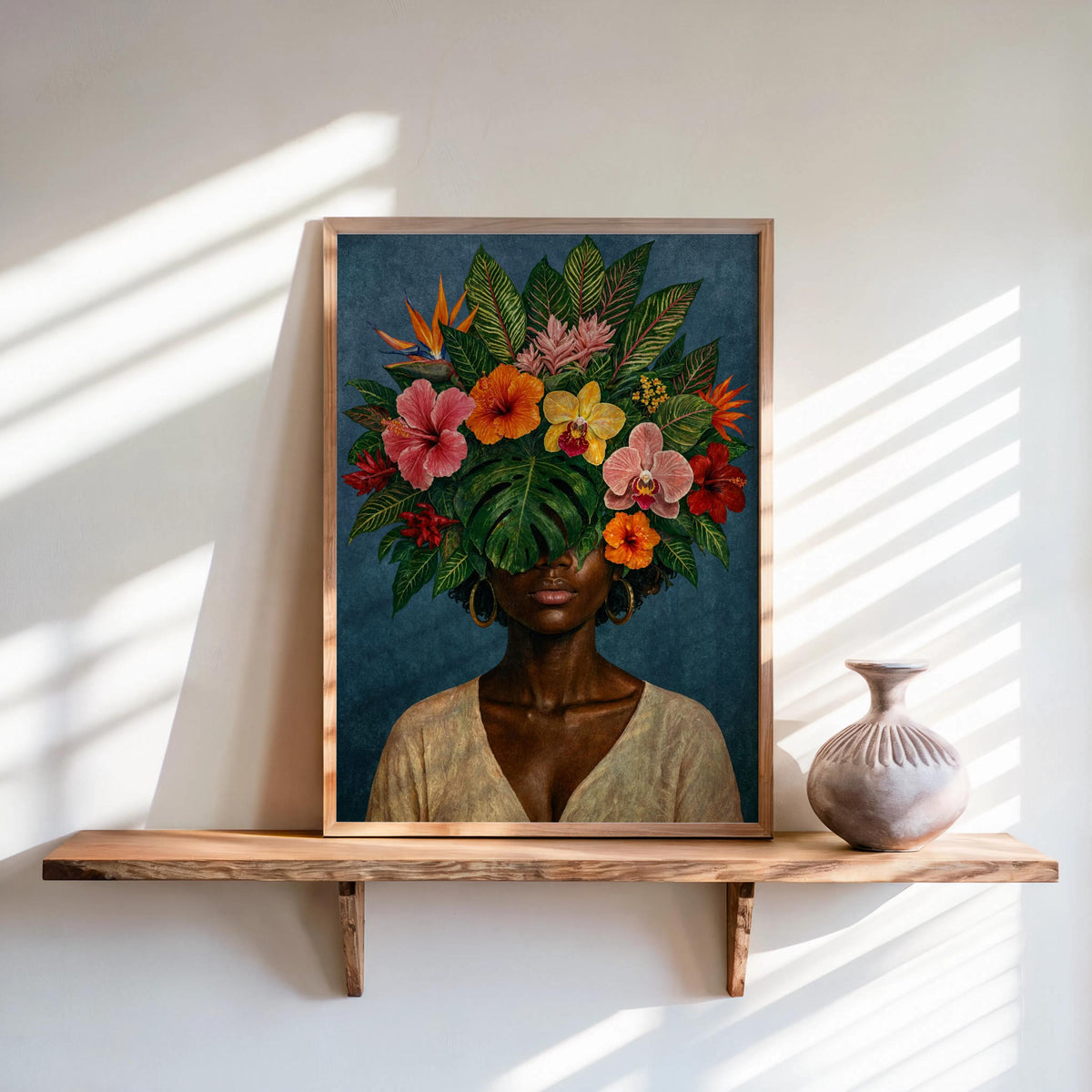 Black Woman Floral Wall Art Set, Tropical Flower Fashion Portrait, Botanical Black Girl Statement Print, African American Plant Lover Female