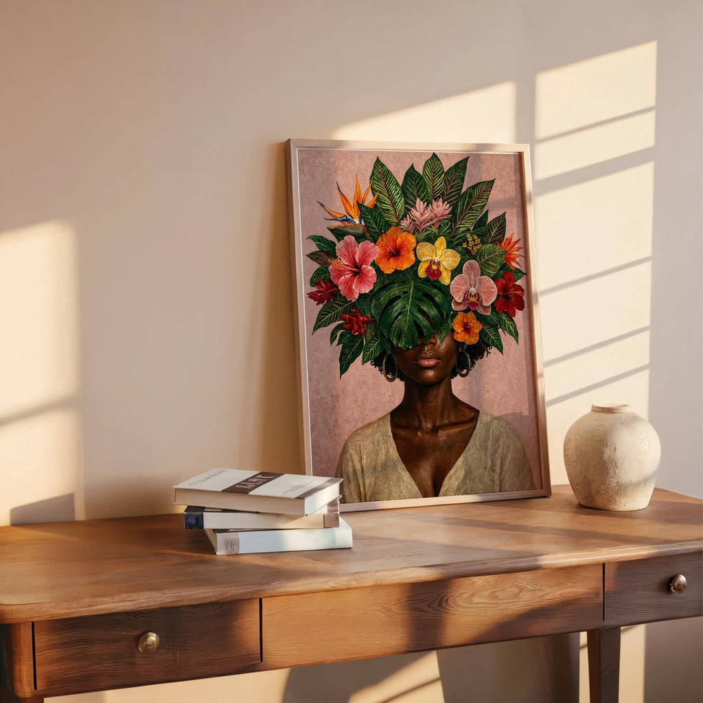Black Woman Floral Wall Art Set, Tropical Flower Fashion Portrait, Botanical Black Girl Statement Print, African American Plant Lover Female
