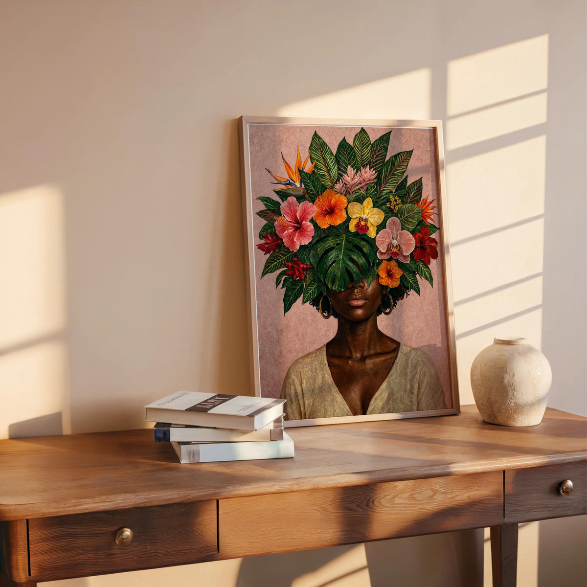 Black Woman Floral Wall Art Set, Tropical Flower Fashion Portrait, Botanical Black Girl Statement Print, African American Plant Lover Female