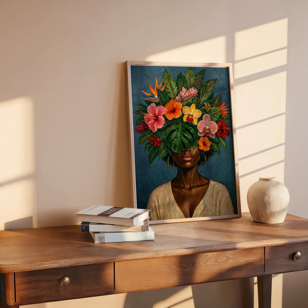 Black Woman Floral Wall Art Set, Tropical Flower Fashion Portrait, Botanical Black Girl Statement Print, African American Plant Lover Female