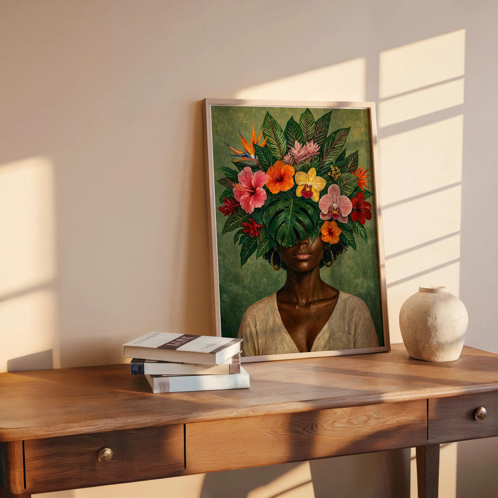 Black Woman Floral Wall Art Set, Tropical Flower Fashion Portrait, Botanical Black Girl Statement Print, African American Plant Lover Female