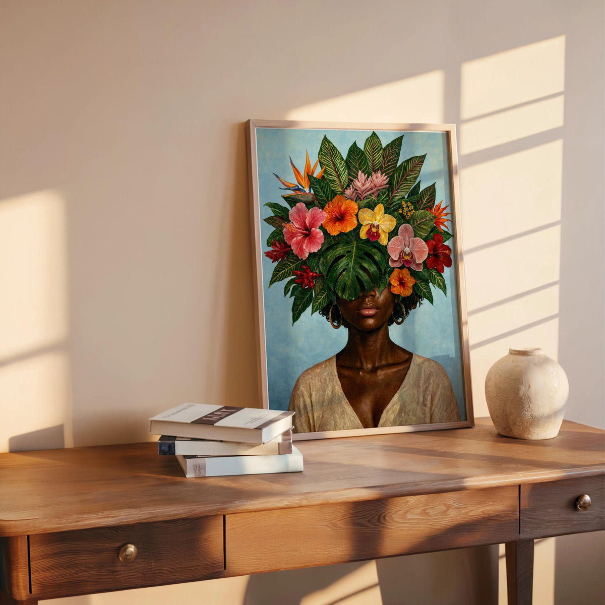 Black Woman Floral Wall Art Set, Tropical Flower Fashion Portrait, Botanical Black Girl Statement Print, African American Plant Lover Female