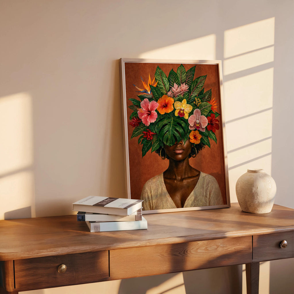 Black Woman Floral Wall Art Set, Tropical Flower Fashion Portrait, Botanical Black Girl Statement Print, African American Plant Lover Female