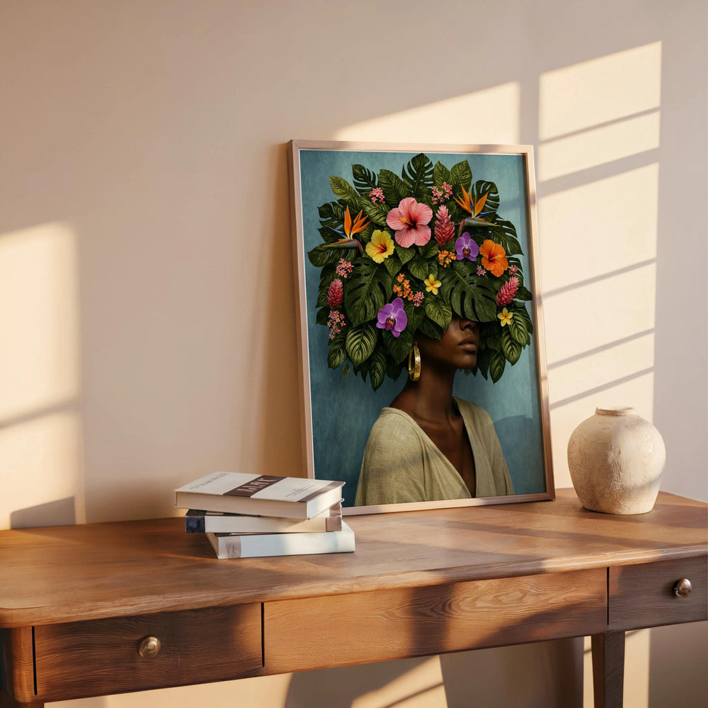 Black Girl Flower Afro Art Print Set, Floral Fashion Black Woman Decor, Botanical Afrocentric Feminist Poster, Tropical African Plant Lover