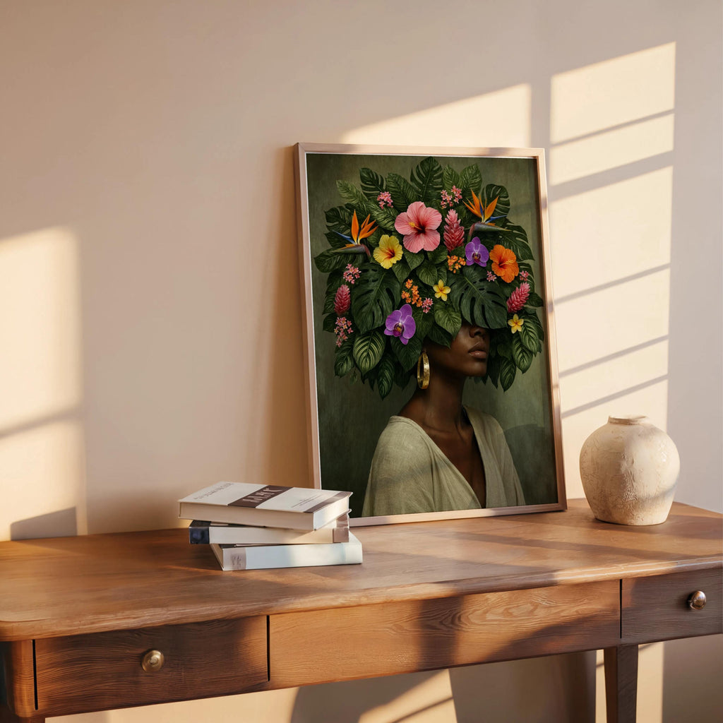 Black Girl Flower Afro Art Print Set, Floral Fashion Black Woman Decor, Botanical Afrocentric Feminist Poster, Tropical African Plant Lover