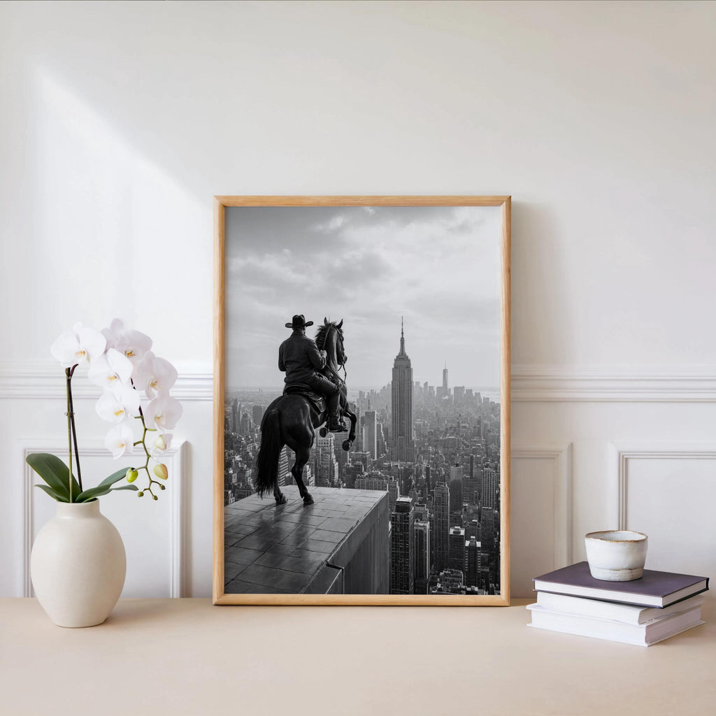 NYC Cowboy Wall Art, Horse Over Manhattan Print, Modern Western Black and White Poster