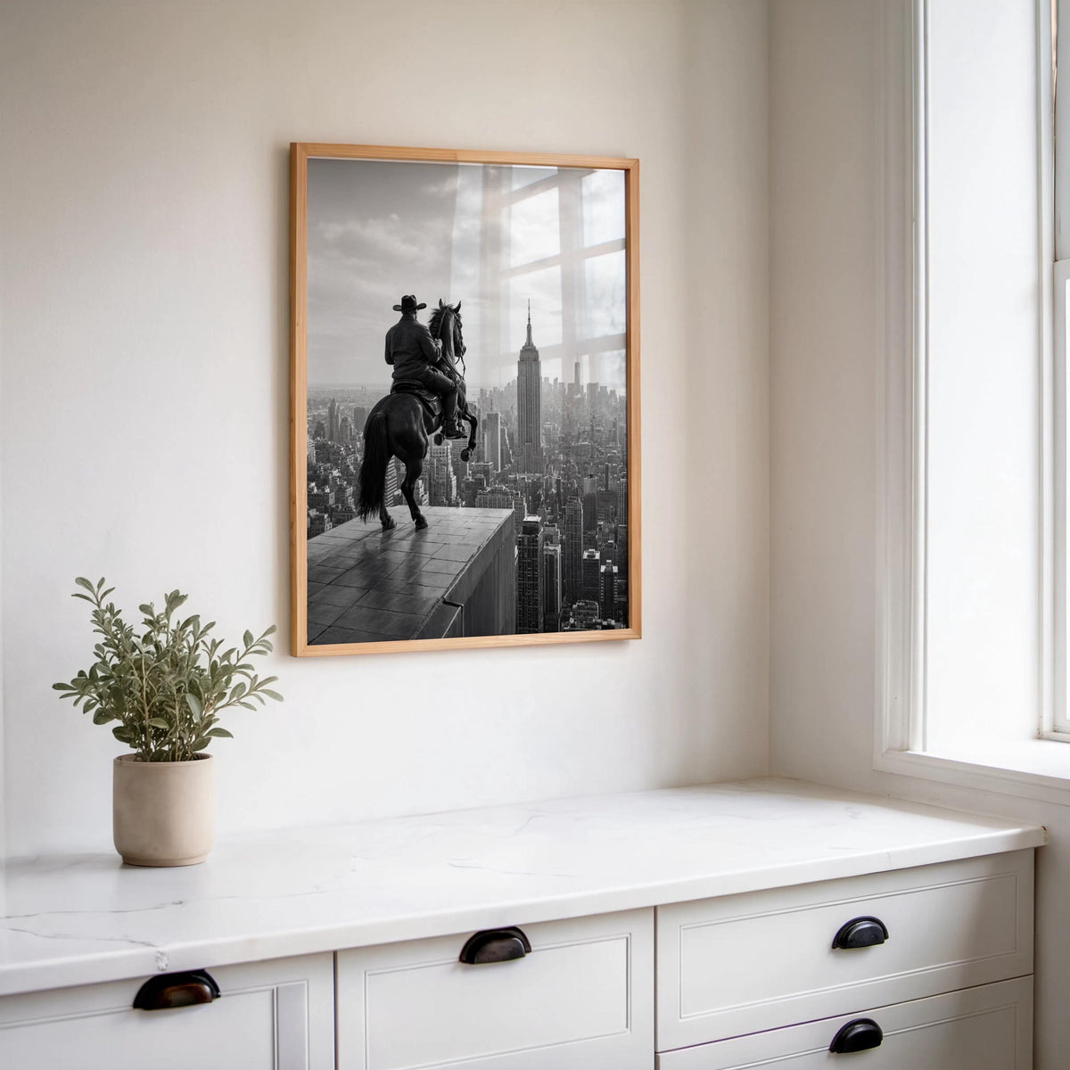 NYC Cowboy Wall Art, Horse Over Manhattan Print, Modern Western Black and White Poster