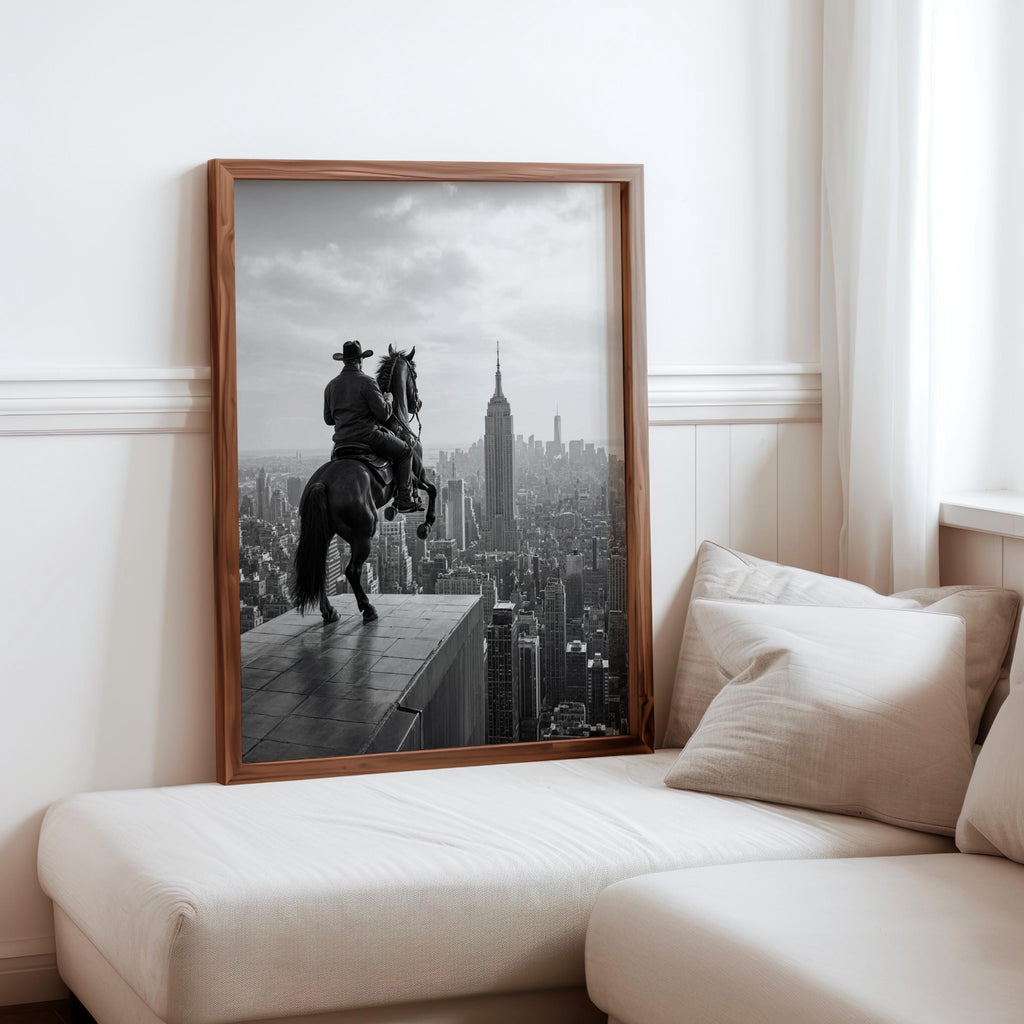 NYC Cowboy Wall Art, Horse Over Manhattan Print, Modern Western Black and White Poster