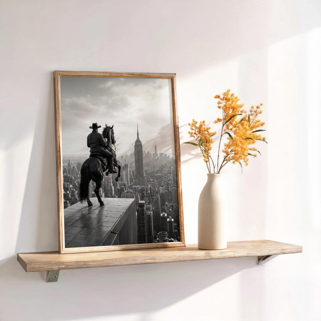 NYC Cowboy Wall Art, Horse Over Manhattan Print, Modern Western Black and White Poster
