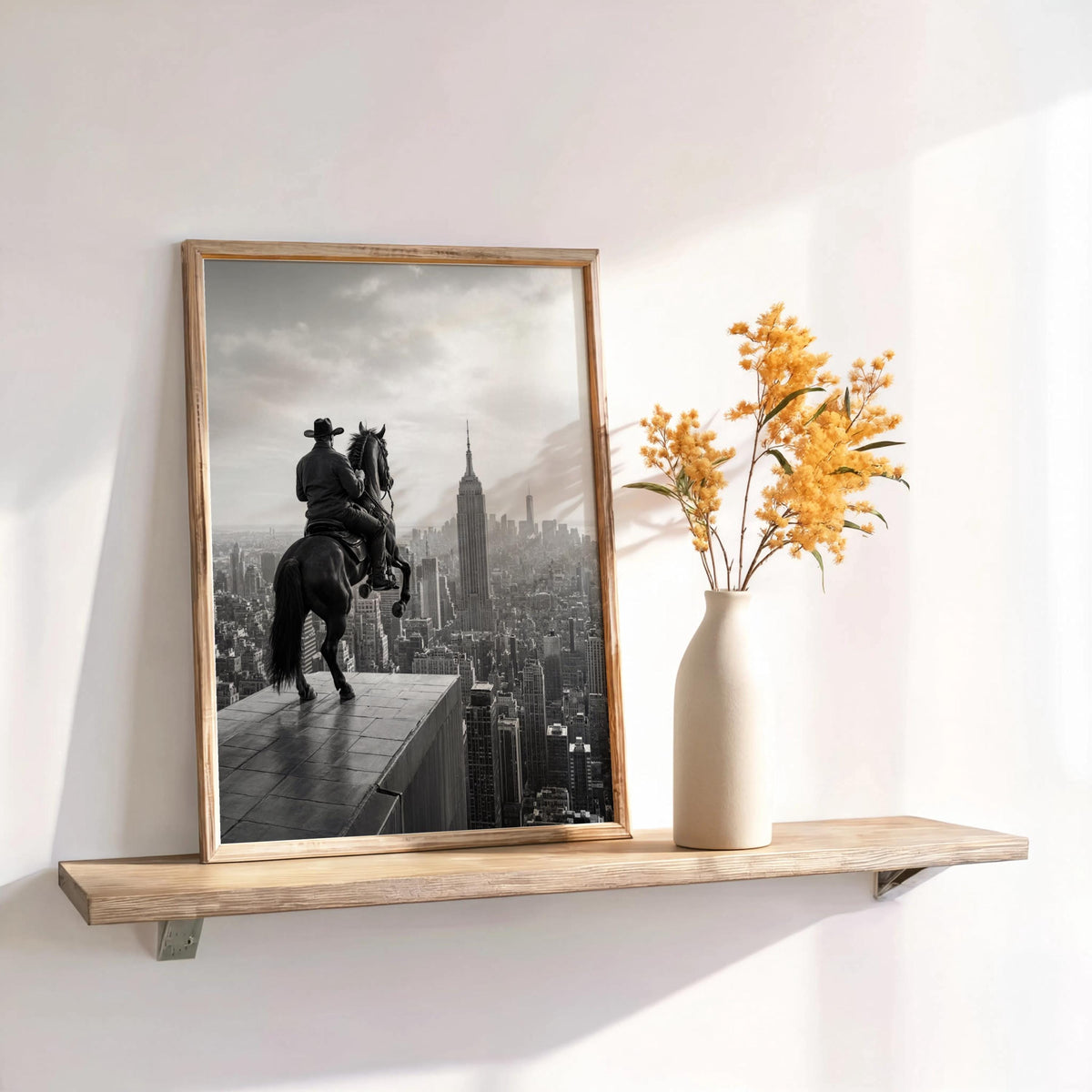 NYC Cowboy Wall Art, Horse Over Manhattan Print, Modern Western Black and White Poster
